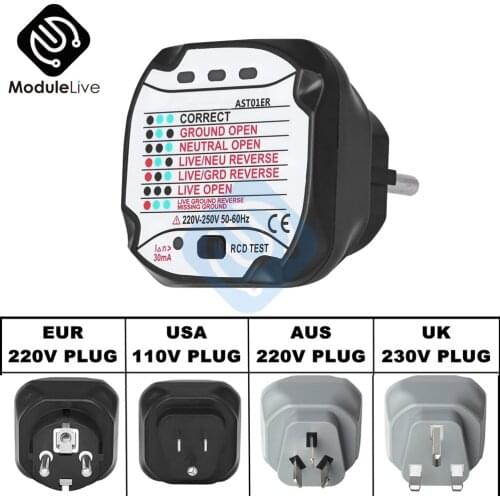 AST01 Socket Power Tester Pro Outlet Detector RCD GFCI Test Outlet Ground Live Zero Line Polarity Phase Check Voltage Tool HT106