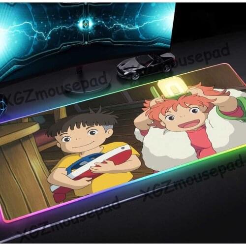 XGZ Large RGB Luminous Mouse Pad Black Lock Edge Anime Ponyo on The Cliff HD Custom Office Computer Desk Mat Rubber Non-slip Xxl