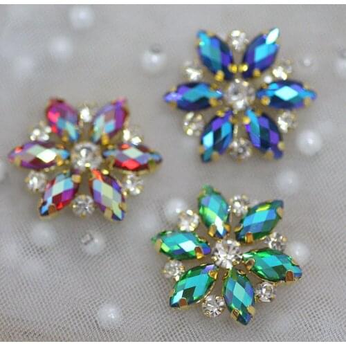 Colorful flower shape rhinestone applique with gold flatback sew on rhinestones diy hats shoes dress decoration