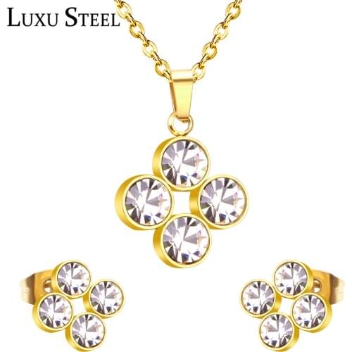 LUXUSTEEL kids jewellery for girls Stainless Steel Round Cubic Zirconia Pendant Necklace Earrings Brinco Party Wholesale