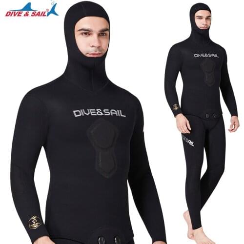 DIVE&SAIL 1.5mm CR Neoprene Professional Spearfishing Suits Hooded Free Diving Suit Warm Winter Fishing Suit Two-piece Wetsuit