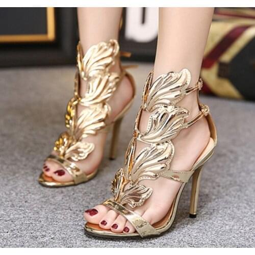 Europe and the United States new womens shoes star models metal wings stiletto super high heel toe sandals female 2019 summer