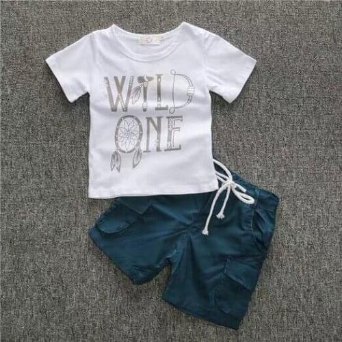 Boys new medium and small childrens white letter printing cotton short-sleeved T-shirt + shorts childrens suit k1