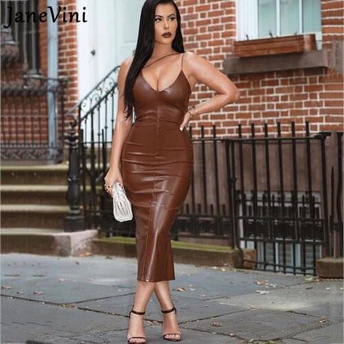 JaneVini Autumn Black Pu Leather Mermaid Women Long Dresses Spaghetti Straps Midi Split Solid Sexy Bodydon Club Dress Streetwear
