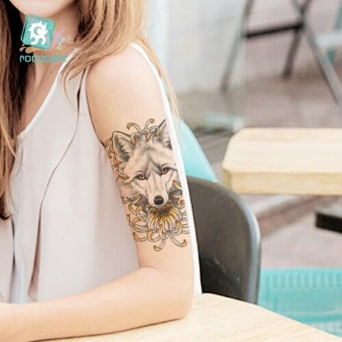 Rocooart Wolf Tattoo Flower Arms Taty Rabbit Tiger Tattoo Stickers For Women Body Art Waterproof Tatuaje Wolf Leopard Fake Tatoo