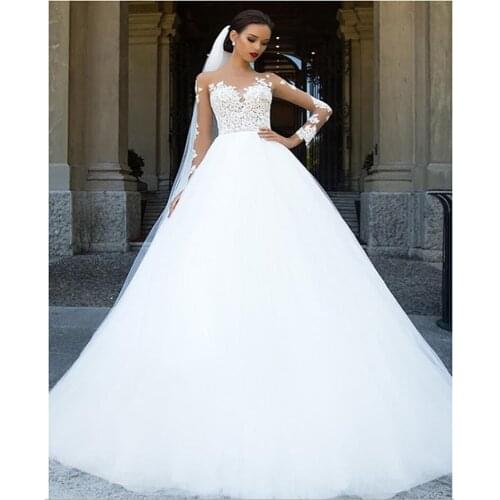 Sexy Illusion V-neck Wedding Dress 2021 New Long Sleeve Lace Ball Gown With Court Train Elegant Lace Zipper Robe De Mariee