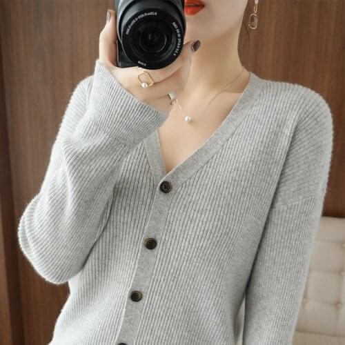 SZDYQH High-End Spring And Autumn 100% Pure Wool Cardigan V-Neck Sweater Womens Fashion Loose Knitted Cardigans Girl Clothes