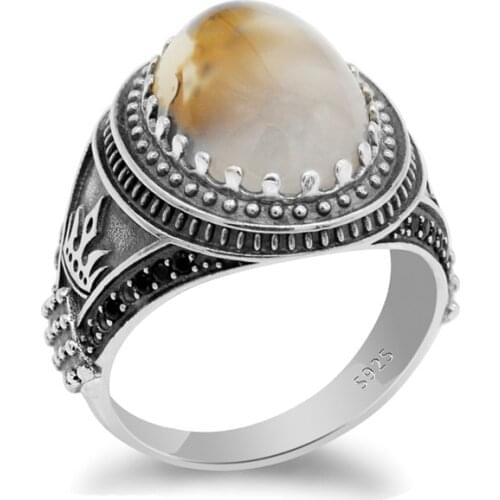 Vintage 925 Thai Sterling Silver Ring with Stone for Men Natural Agate Stone Warrior Crown Rings for Male Women Turkish Jewelry
