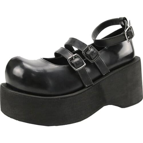 OLOMLB Women Lolita Belt Buckle Round Toe Gothic Punk Pumps Shoes Platform Wedge High Heel Creepers Japanese Harajuku Dark JK