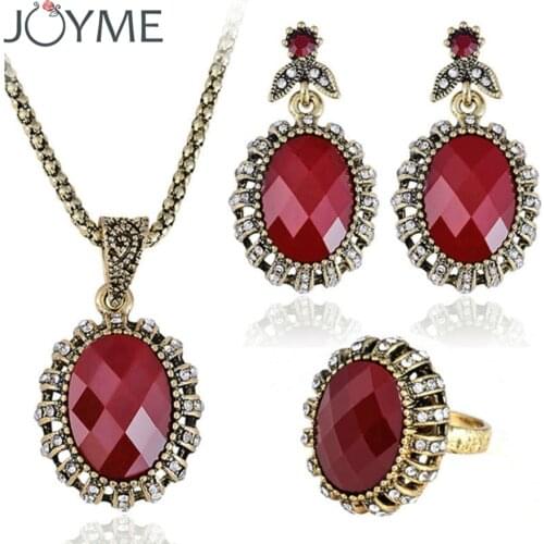 3PCS Vintage Wedding Turkey Jewelry Sets For Women Tibetan Retro Gold-Color Red Resin Stone Necklace Ring Earrings Set Bijoux