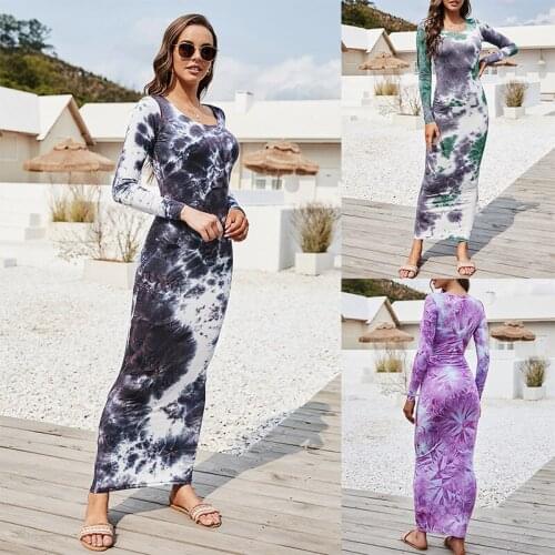 Elegant Women Tie-dye Print Long Sleeve Long Dress 2021 Spring Autumn Casual Slim Bodycon Party Holiday Vestidos Plus Size 3XL