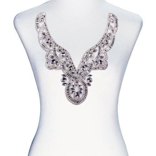 5piece White Hot Fix Crystal Rhinestone Design Transfer V-Neck Collar Applique Iron On Sticker Motif Sewing Accessories T2417