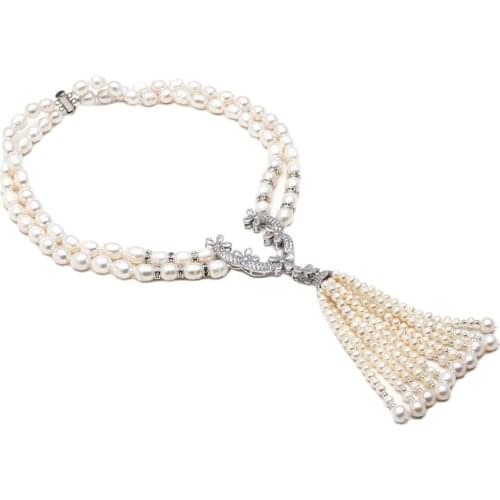 GG Jewelry 19" 2 Rows Cultured White Rice Pearl Necklace Silver Color Plated CZ Pave Connector Pearl Tassel Pendant For Women