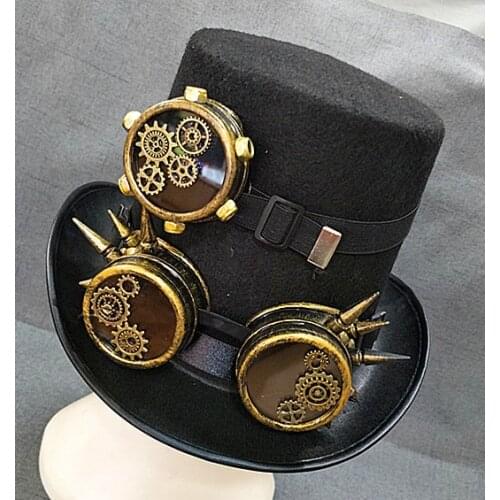 Handmade Steampunk Gears Spikes Leather Men/Women Top Hat With Googles Vintage Gothic Cosplay Party Festival Hats Accessories