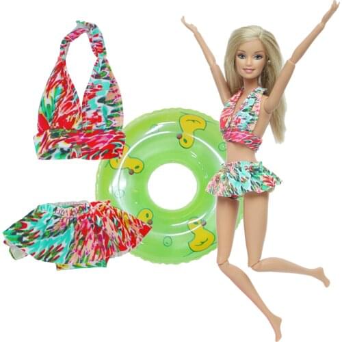 2 Pcs/Set Doll Swimwear Swimsuit Bikini Summer Beach Wear Dress + 1x Random Swim Ring Doll Accessories for Barbie Doll Toy