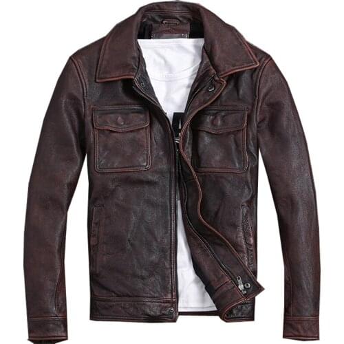 Free shipping.Plus Size classic jacket,short genuine coat,vintage brown mens slim leather coat.business,sales