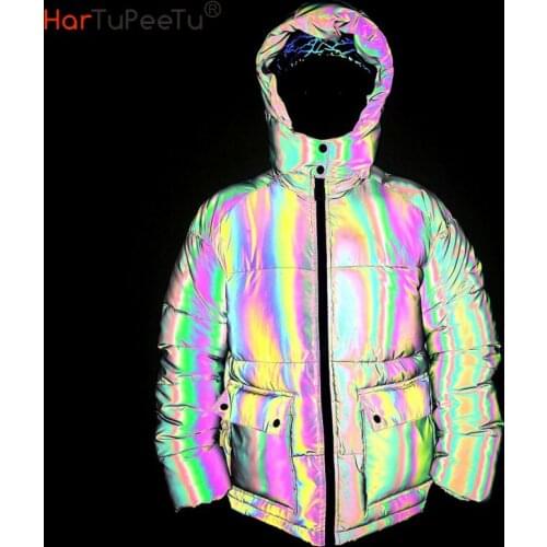 2020 Winter Men Night Colorful Reflective Hooded Jacket Windbreaker Cotton Padded Hip Hop Harajuku Coat Streetwear Drop Shipping