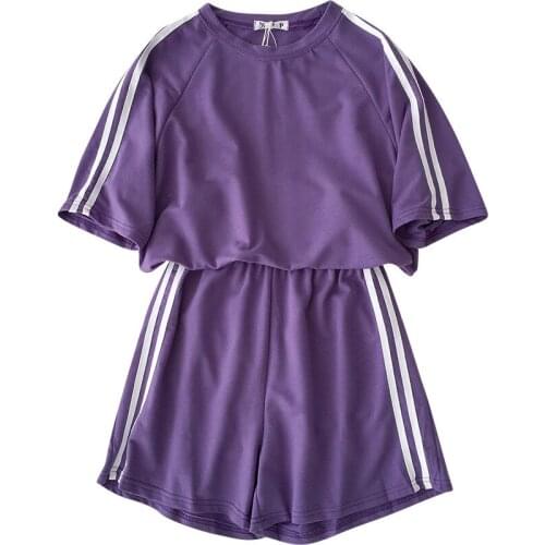 Summer Two Piece Set Women Solid Color Striped Shirt Shorts Suit Purple Pants Set Short Sleeve T-shirt + High Waist Shorts Girl