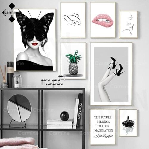 Fashion Lady Poster Print Black White Butterfly Abstract Line Face High Heels Canvas Painting Bedroom Wall Art Picture for Decor