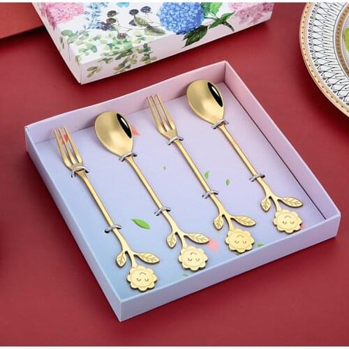 4 Pieces Sets Cute Sunflower Smile Dessert Coffee Spoons Fruit Forks Gift Box Dinnerware Tableware Set Kitchen Accessories