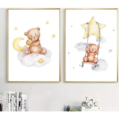 Abstract Bear Wall Art Poster Moon Star Cloud Art Print Animal Canvas Painting Baby Nursery Picture Nordic Child Kids Room Decor