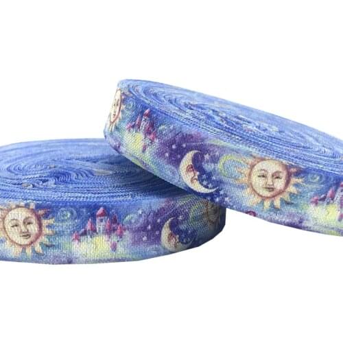 NEW 10Y 5/8"15mm cute smile moon and sun star Printed Fold Over Elastic FOE ribbon hairbow DIY Home decoration Sewing Accessoise