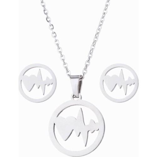 New Fashion Female Heart Jewelry Set Stainless Steel Round Necklace Earring Set