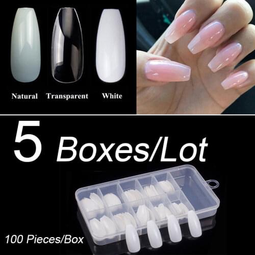 Wholesale 5 Boxes/Lot 100pcs/box Ballerina False Nail Tips Full Cover Coffin Fake Nails Long Acrylic Nails Fingernails Sets