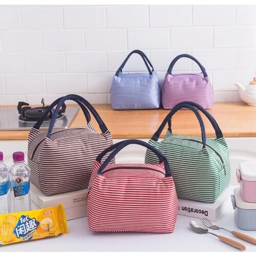 Simple Stripe Lunch Bag Waterproof Oxford Cloth Tote Insulated Cold Picnic Carry Case Thermal Portable Lunch Box For Student