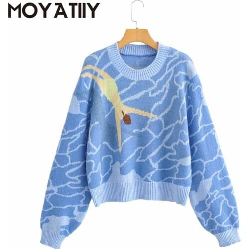 MOYATIIY Fashion Women Autumn Winter Sweaters Vintage Loose Pullovers Cartoon Dive Wave Parttern Long Sleeve Jumper Female Tops