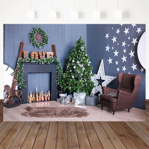 Christmas Theme Backdrop Fireplace Decorative Tree Gift Stars horse Grey Wall Photography Background For Photo Studio