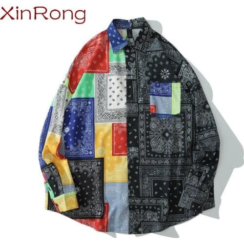 Mens thin loose large size long-sleeved trendy cashew floral print shirt casual mens shirt stitching flower shirt street swing