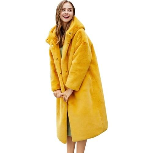 Winter Hooded Faux Fur Coat Women Thick Warm Yellow Pink Plush Fur Jacket Fashion Long Jacket Streetwear Long Sleeve Overcoat
