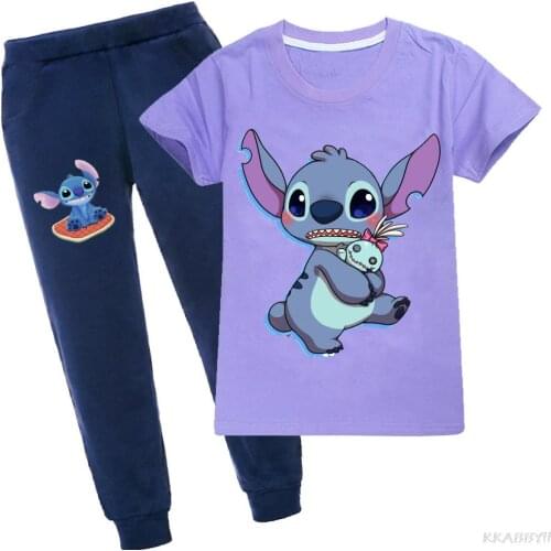 STITCH Girls Clothes Sets For 2-16Y Summer Short Sleeve T Shirts Tops+ Pants Kids Boy Suits Teenagers Tracksuits