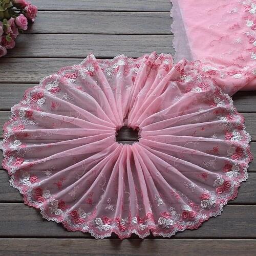 Free shipping2yards/lot 21cm wide Embroidered Tulle Lace trim mesh lace trim~Pink~lovely