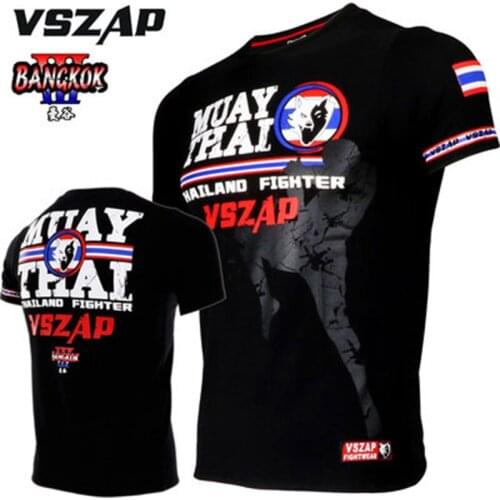 VSZAP Men Muay Thai Short Sleeve Fighting T-shirt Fighting Sanda Fitness Gym Training Suit Jiu-Jitsu MMA Sports Workout Shirts