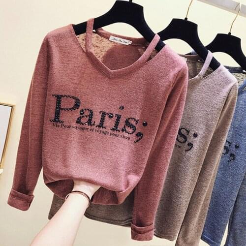 Gkfnmt Harajuku Korean Womens Tshirt Long Sleeve Tops Vintage Diamond Letter Thin T Shirts Sexy V-Neck Autumn Tee Shirt Femme