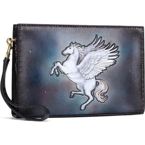 Women Men Vegetable Tanned Leather Carvings Unicorn Wash Bag Money Holder Clutch High-capacity Purse Pocket Clutches