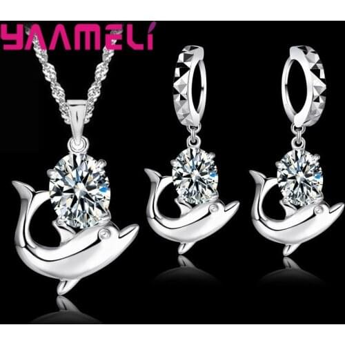 Fashion Austrian Crystal Jewelry Set 925 Sterling Silver Sweet Dolphin Pendant Necklace Loop Earrings Sets for Women
