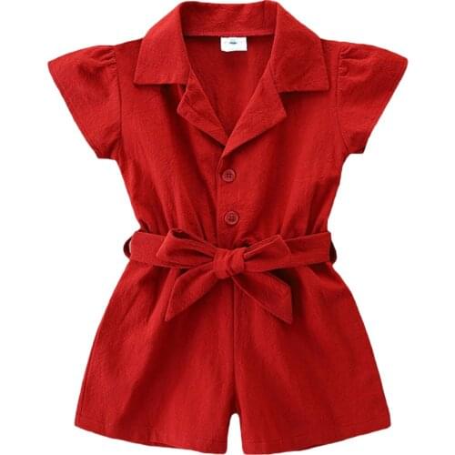 1-6Years Kids Baby Girl Red Lapel Rompers with Waistband Summer Casual Short Sleeve Turn down Collar Button Up Playsuit for Girl