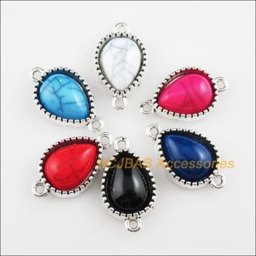 12 New Teardrop Mixed Charms Acrylic Flowers Tibetan Silver Color Connectors 13x23mm