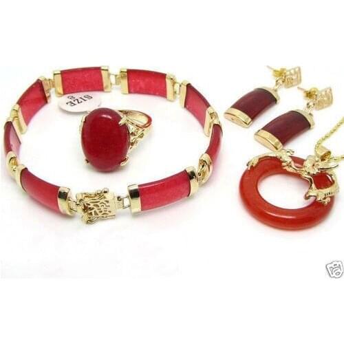 FREE SHIPPING New Jewelry Red Dragon Pendant Necklace Ring Bracelet Earring Set