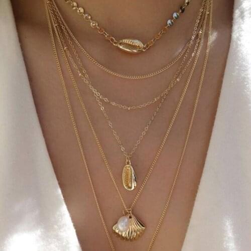 Bohemian Pearl Shell Pendant Long Necklace Fashion Womens Multi-layer Gold Pendants Jewelry Creative Female Beach Party Choker