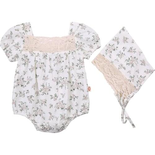 Infant Kids Girl Small Flower Jumpsuits Set, Short Sleeve Hollowed Lace Decoration Square Neck Triangle Bodysuit with Hat