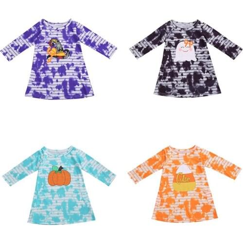 Infant Kids Baby Girls Halloween Tie Dye Dress Long Sleeves Horizontal Stripes Spider Web Hat Print Festive Clothing 0-24M