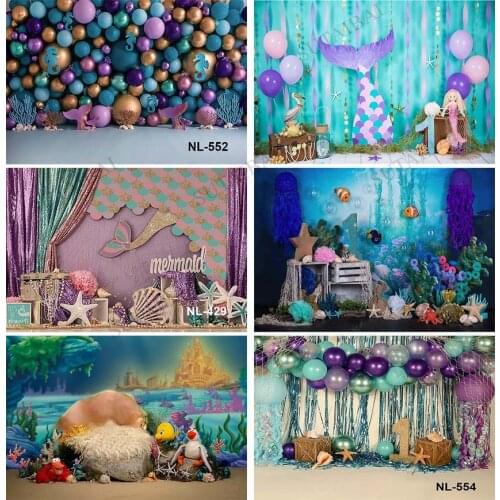 Mermaid Backdrops Photography Baby Birthday Party Photocall Seabed Shell Treasure Star Poster Backgrounds for Photo Studio