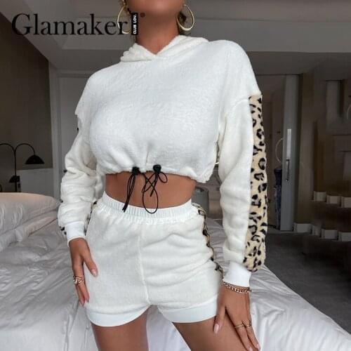 Glamaker Fake fur white 2pic short suits women Cute Hairy ears Leopard warm Tracksuit Hoodedies sweatershirt and shorts homewear
