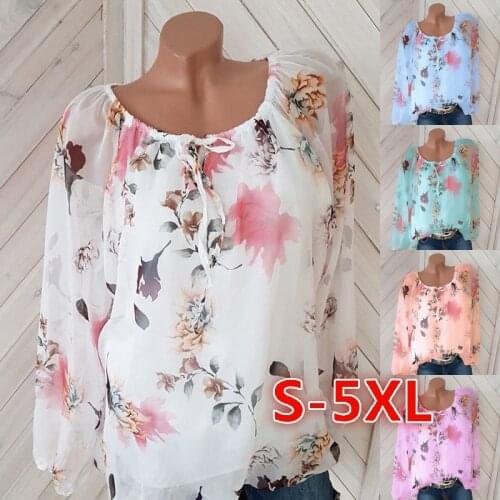 Summer Womens Fashion Sexy Long-sleeved Shirt Womens Sexy Loose Casual One-neck Printed Chiffon Shirt Tallas Grandes Mujer