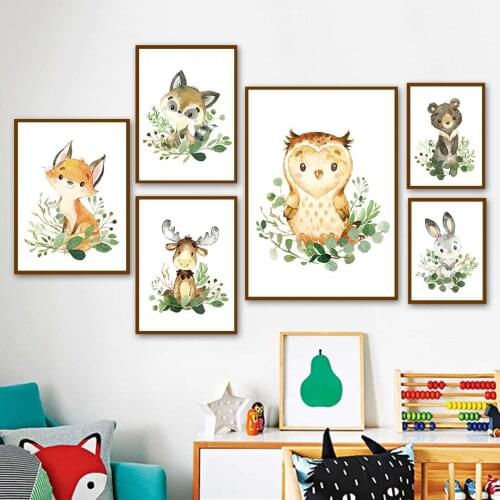 Cartoon Fox Bear Rabbit Deer Owl Raccoon Leaf Wall Art Canvas Painting Nordic Posters And Prints Wall Pictures Kids Room Decor