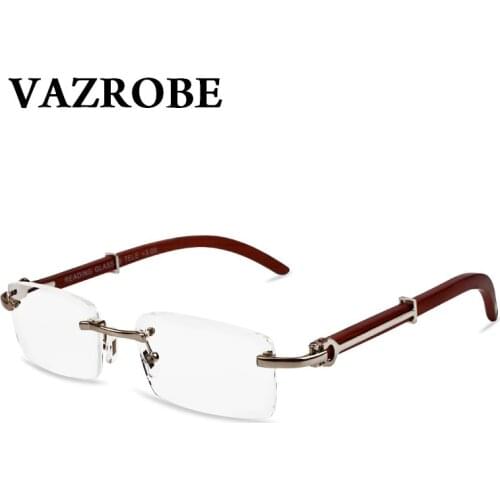 Vazrobe Wood Reading Glasses Men Rimless Brand grade points for male Wooden Temple 1.0 1.5 2.0 2.5 3.0 3.5 4.0 case free